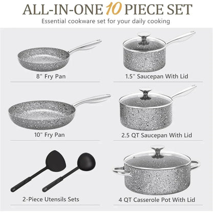 Pots and Pans Set 10 Piece Cookware Set with Granite Coatings for Super Nonstick Ohberri