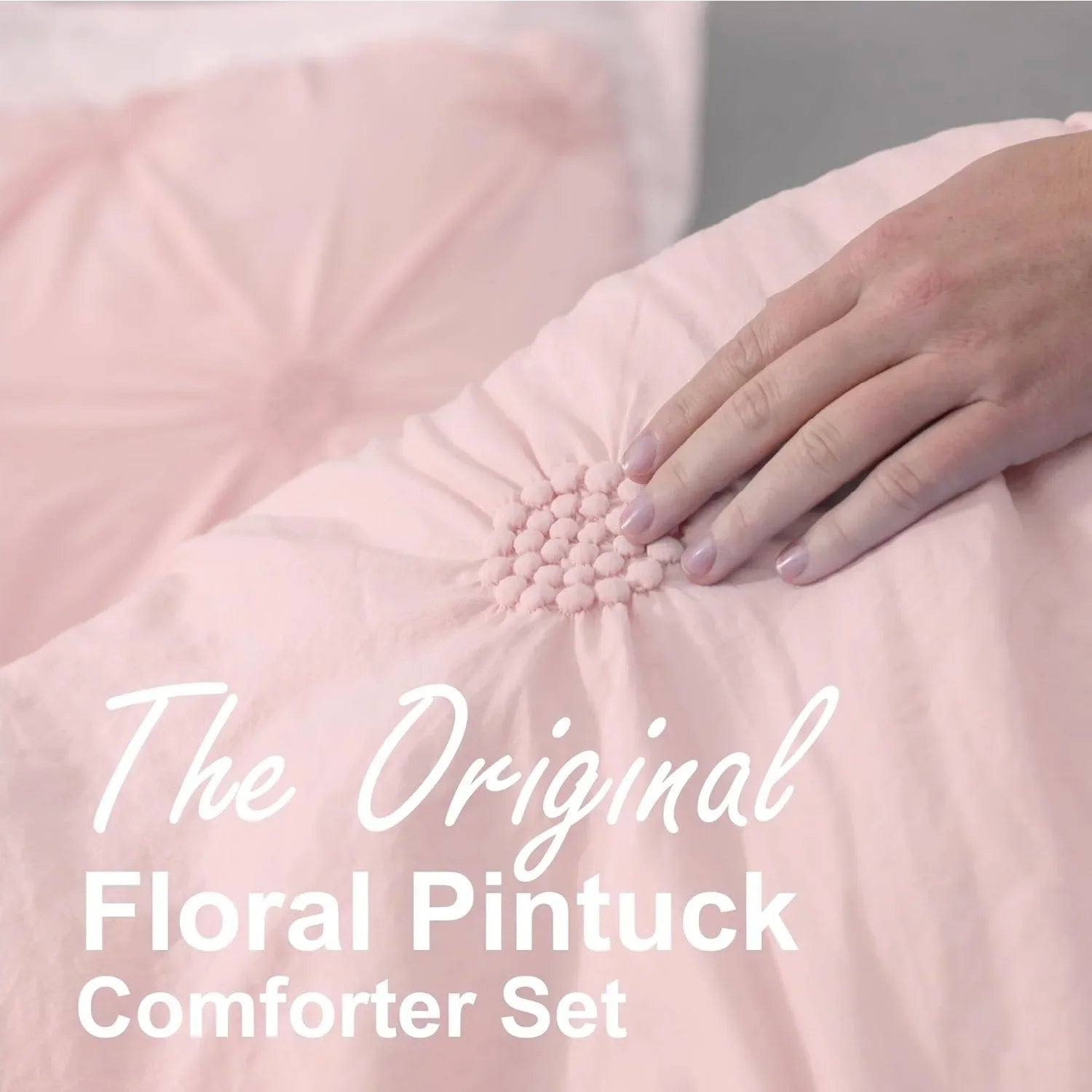 Full/Queen Baby Pink Rose Blush Comforter Set - Ruched 3D Floral Pintuck Bedding Set - 3 Pieces Bed Linen, 1 Comforter - Ohberri