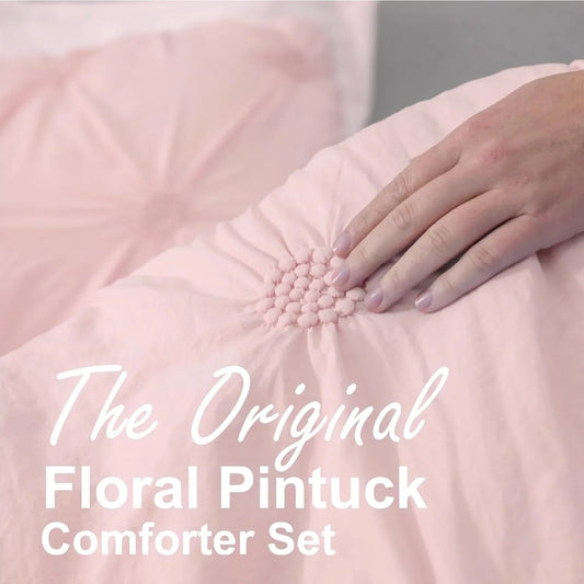 Full/Queen Baby Pink Rose Blush Comforter Set - Ruched 3D Floral Pintuck Bedding Set - 3 Pieces Bed Linen, 1 Comforter - Ohberri