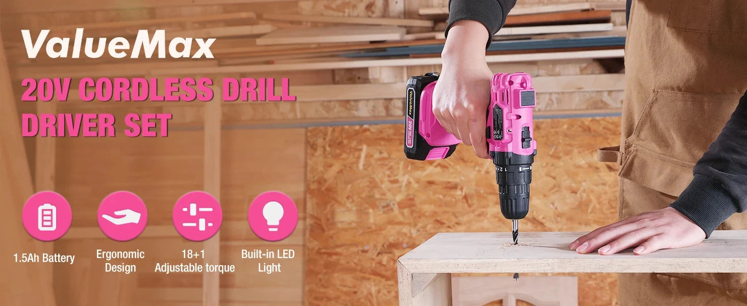 20V 3/8" Pink Cordless Drill Set  18+1 Torque Settings, Power Drill Set with LED Light and Magnetic Holder Ohberri