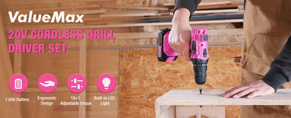 20V 3/8" Pink Cordless Drill Set  18+1 Torque Settings, Power Drill Set with LED Light and Magnetic Holder Ohberri