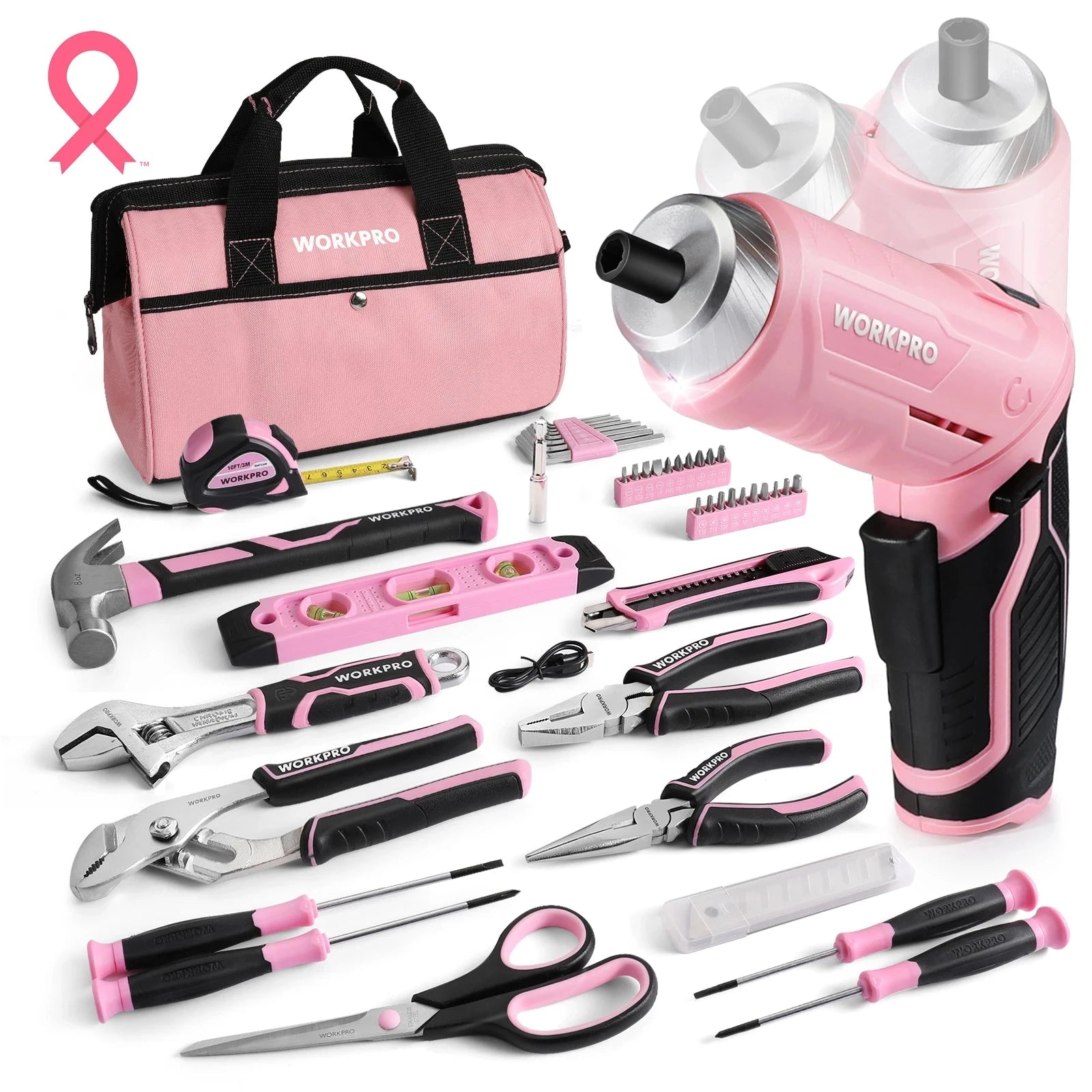 WORKPRO 53-Piece Pink Tool set with Electric Cordless Screwdriver Ohberri
