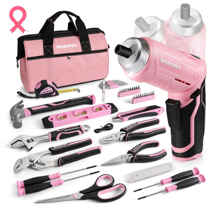 WORKPRO 53-Piece Pink Tool set with Electric Cordless Screwdriver Ohberri