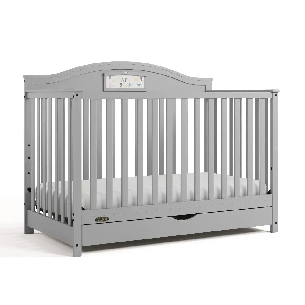 5-in-1 Convertible Baby Crib with Drawer and Reversible Headboard, Pebble Gray - Ohberri