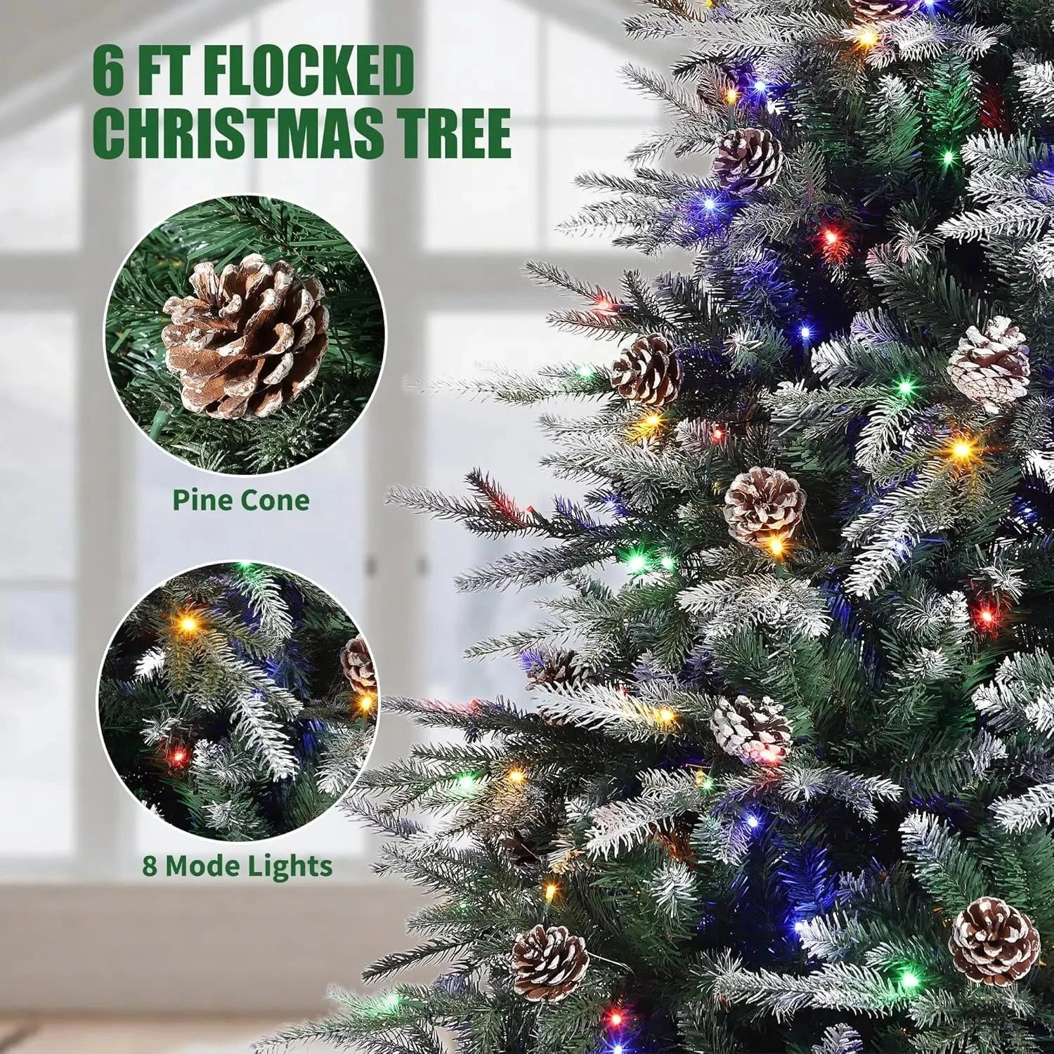 6Ft/7.5Ft/9Ft Pre-Lit Snow Flocked Christmas Tree 8-Modes LED Lights Prelit Artificial Tree With Fake Pine Cones Ohberri