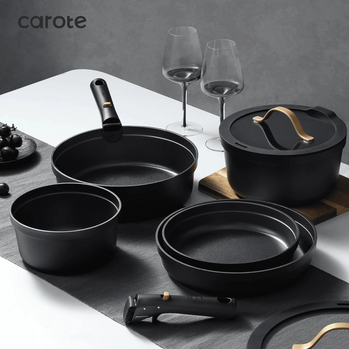 Nonstick Cookware Sets, 19 Pcs Non Stick Pots and Pans Set with Removable Handle, Black Ohberri