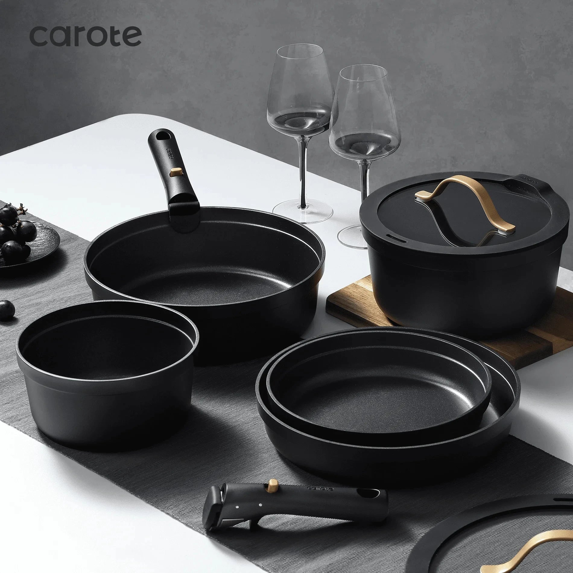 Nonstick Cookware Sets, 19 Pcs Non Stick Pots and Pans Set with Removable Handle, Black Ohberri