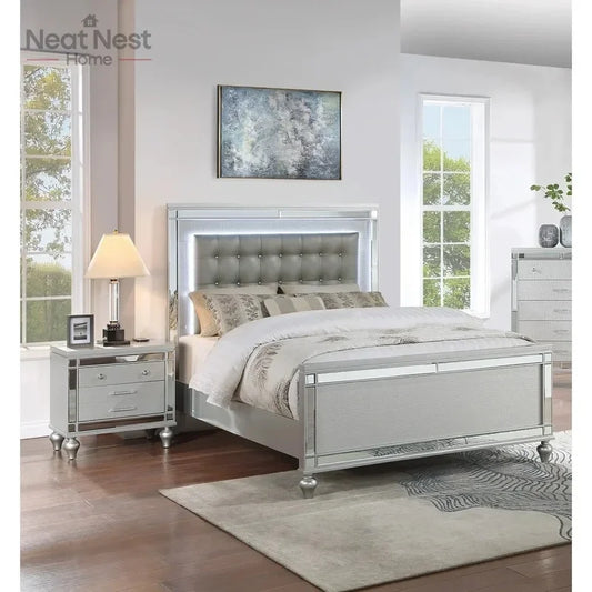 King Size Panel Bed Frame with LED Lights - Beautiful Silver Tufted Faux Leather - Ohberri