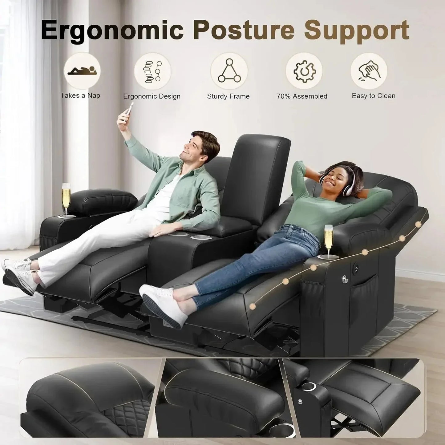 Loveseat Recliner with Storage Console & USB Ports, 2 Cell Phone Holders Ohberri