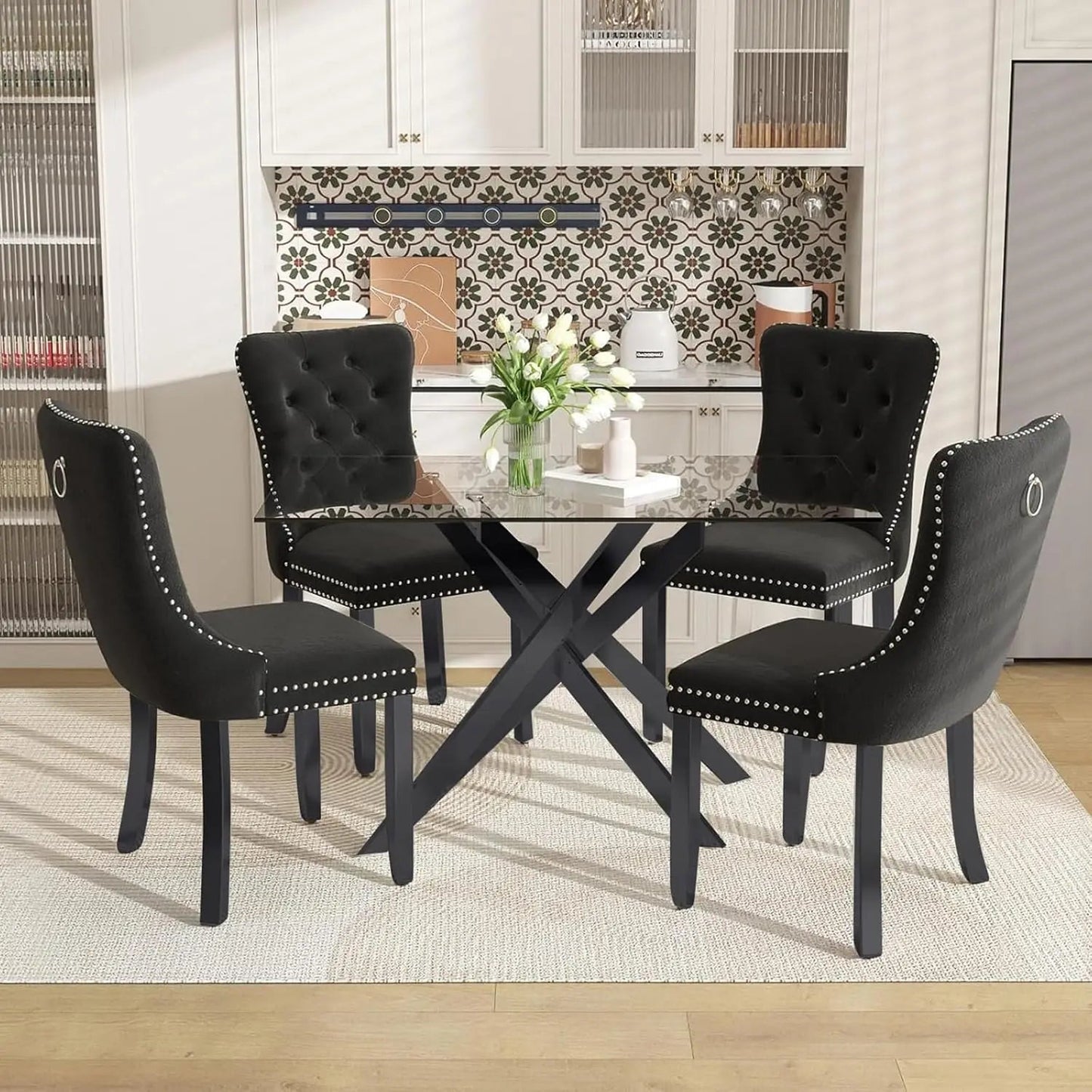 51 Inch Glass Dining Table with 4 Upholstered Velvet Accent Chairs, 5 Piece Modern Ohberri