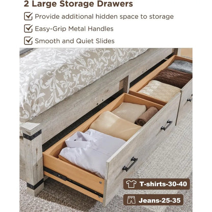 Queen Size Wood Bed Frame with 54" Tall Geometric Headboard, 2 Large Storage Drawers, Solid Wood Slats Support - Ohberri