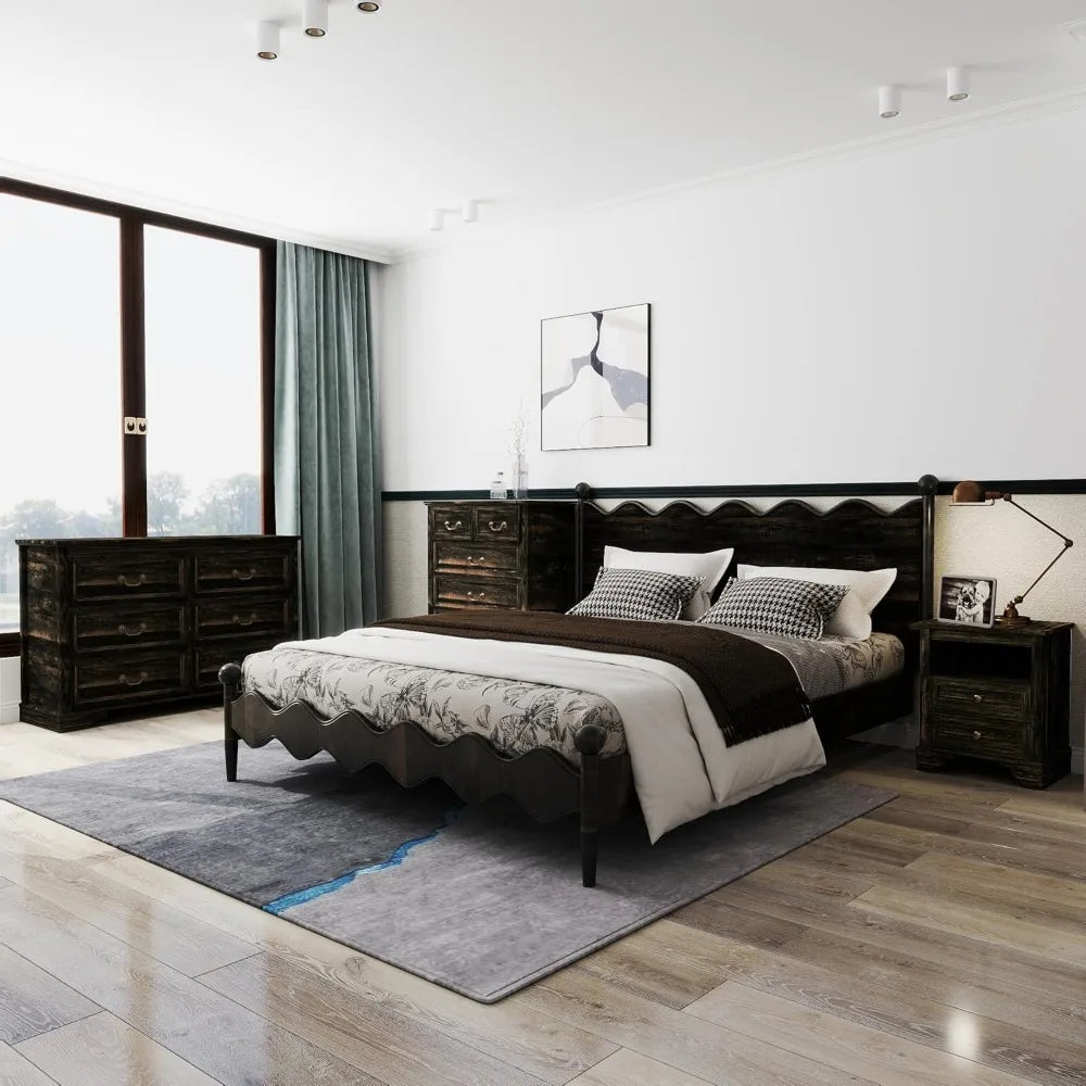 Farmhouse 3 Pieces Bedroom Furniture Set, Rustic Wood 6 Drawer Dresser and Nightstands - Ohberri