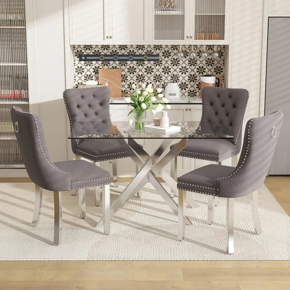 51 Inch Glass Dining Table with 4 Upholstered Velvet Accent Chairs, 5 Piece Modern Ohberri