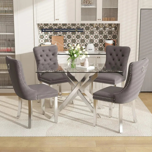 51 Inch Glass Dining Table with 4 Upholstered Velvet Accent Chairs, 5 Piece Modern Ohberri