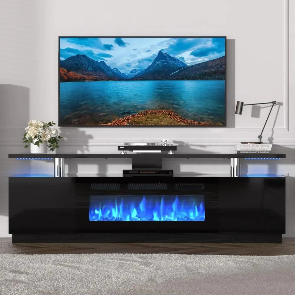 70'' TV Stand, Storage Cabinet & Electric Fireplace Heater with LED Light and 12 Flame Colors Ohberri
