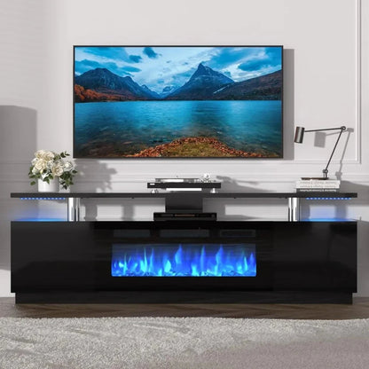70'' TV Stand, Storage Cabinet & Electric Fireplace Heater with LED Light and 12 Flame Colors Ohberri