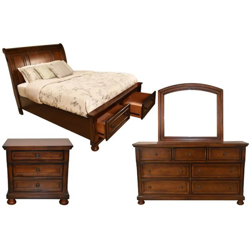 Queen 4 Piece Bedroom Set Made With Wood in Dark Walnut，For Bedoom - Ohberri