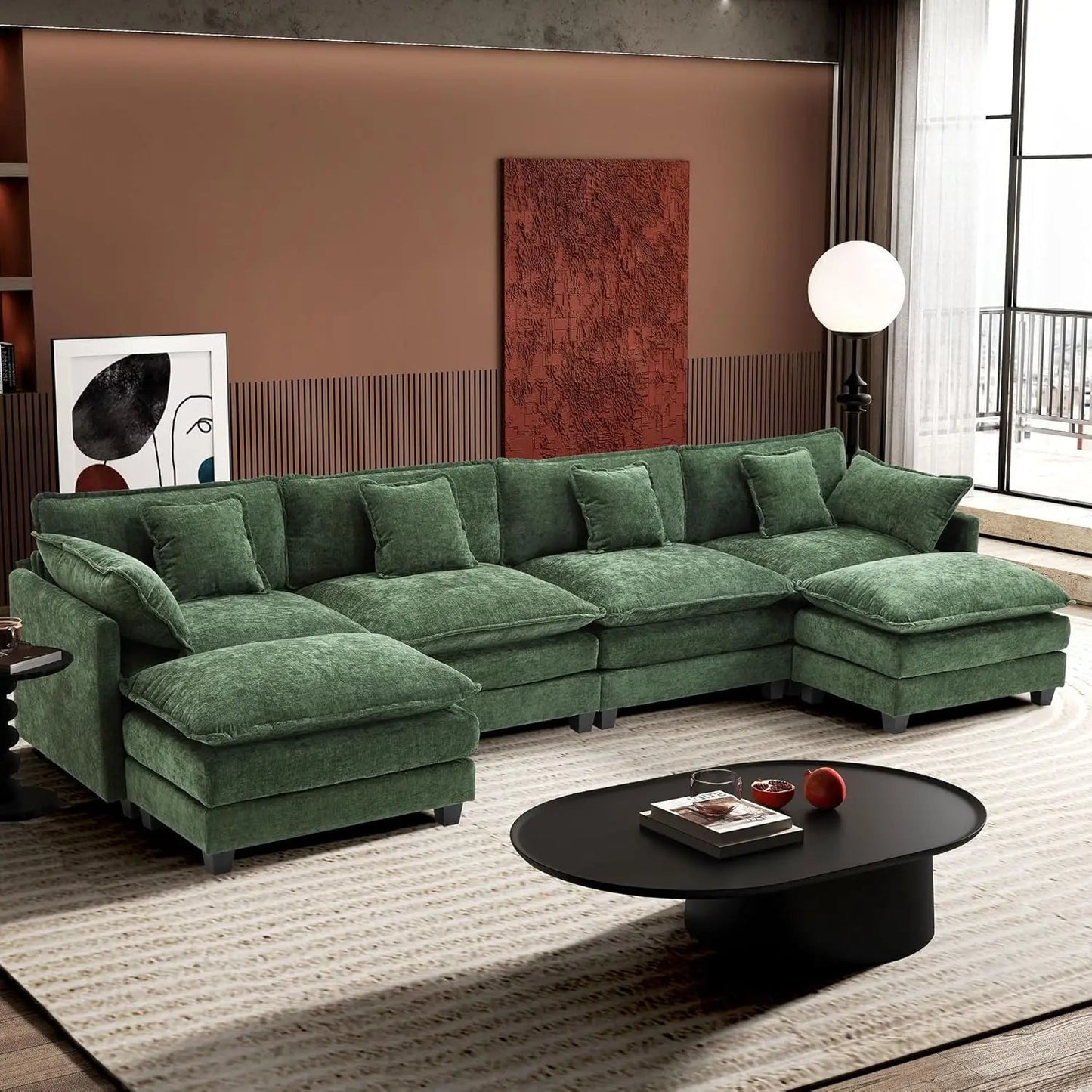 U-Shaped Modern Sofa Modular Sectional Cloud Couch with 2 Ottoman with 6 Pillows Ohberri