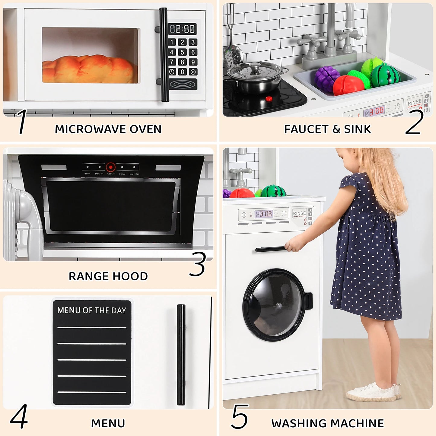 Wooden Kitchen Pretend Play Set with Simulated Light and Sound Effects, Food,Cookware - Ohberri