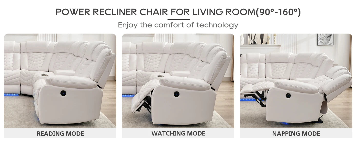Electric Power Recliner Sectional Sofa With Bass Speakers & LED Lights – Faux Leather L-Shaped Sectional - Ohberri