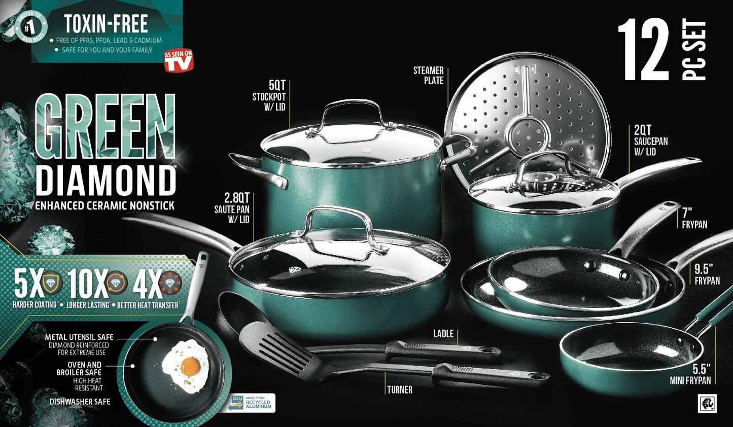 Blue Diamond 12-Piece Toxin-Free Ceramic Nonstick Pots and Pans Cookware Set Ohberri