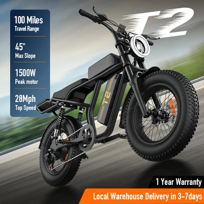 1500W Peak Electric Mountain Bike 48V 15.6Ah 28MPH 100 Mile Range 20X4" Fat Tire - Ohberri