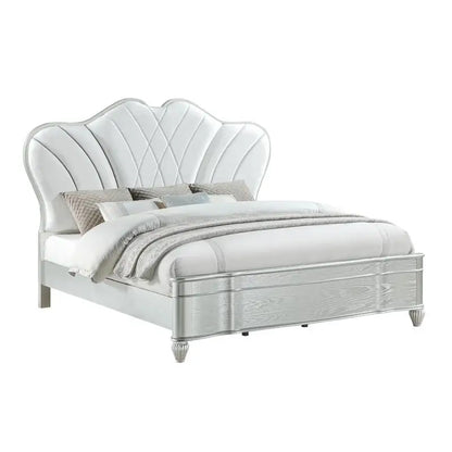Queen Bedroom Set 5 Pc Traditional Style with Upholstered Button-Tufted Bed Made of Wood in Silver Finish - Ohberri