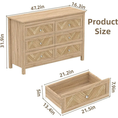 3 Pieces Bedroom Set with 6 Drawer Dresser and 2 Drawer Nightstands, Wooden - Ohberri