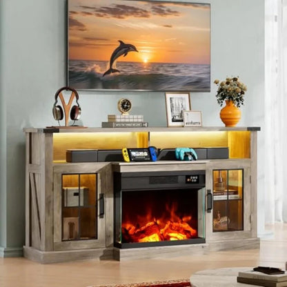 3Sided Glass Electric Fireplace TV Stand for 65 Inch TV Entertainment Center with 14 Flame Colors Adjustable LED Ohberri