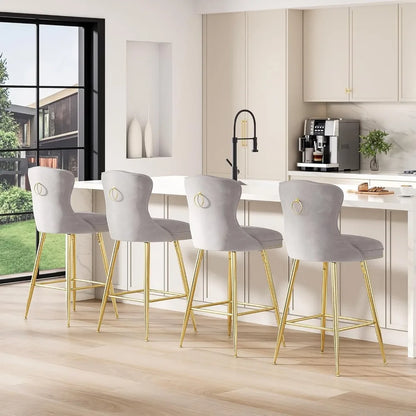 Bar Stools Set of 4, Velvet Counter Height Bar Stools with Metal Legs, Button Tufted and Nailheads Trim, Wing-Back Bar - Ohberri