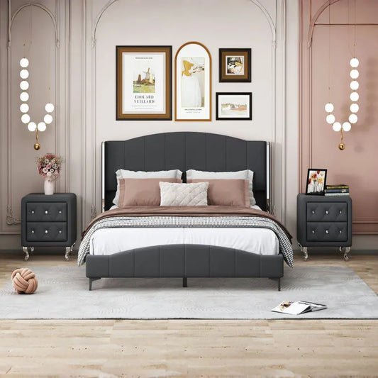 3 Pieces Bedroom Set with Queen Size PU Leather Upholstered Platform Bed and Elegant PU Nightstand with 2 Drawers , Black - Ohberri