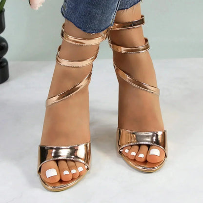 Strappy Gold Stilettos - Lace-Up Ankle Wrap Heels Ohberri