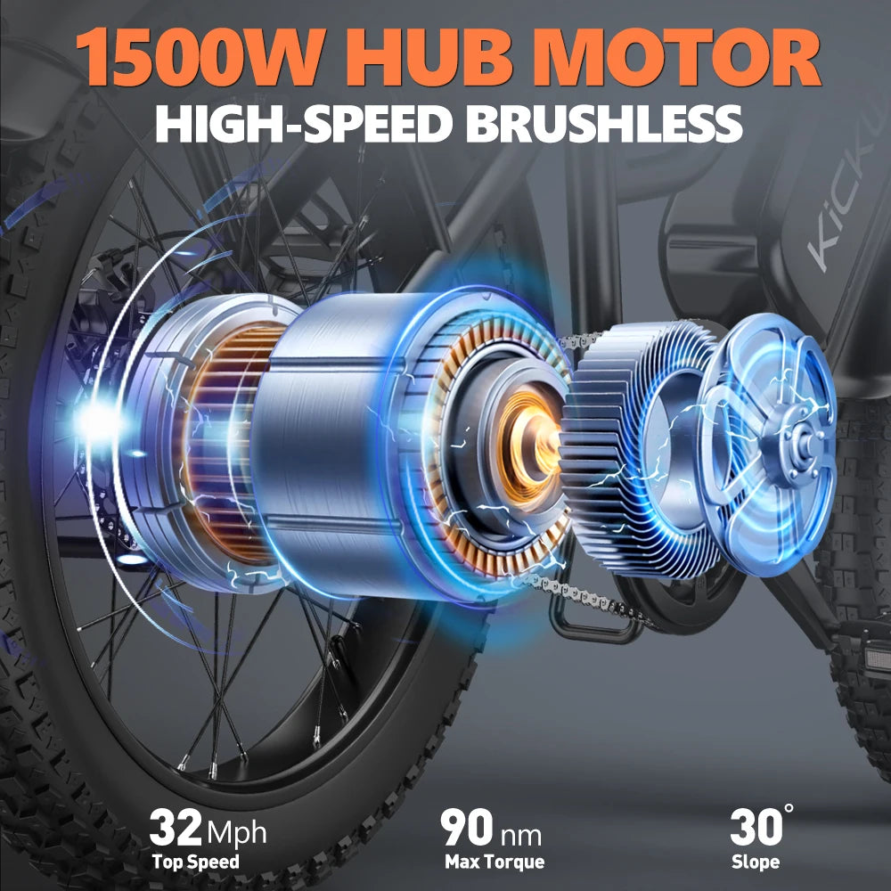 Electric Bike 20'' 1500W Up to 50 Miles 32MPH with 48V 20AH - Ohberri