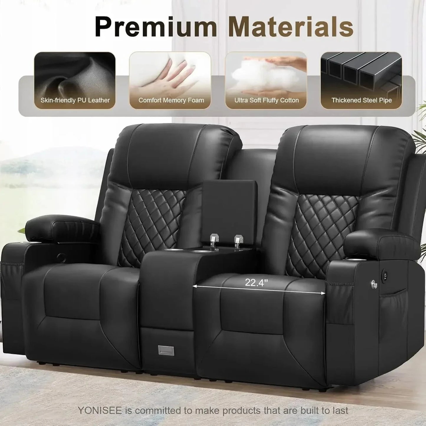 Loveseat Recliner with Storage Console & USB Ports, 2 Cell Phone Holders Ohberri