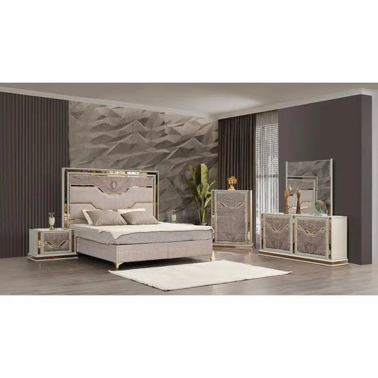 Modern 5 Piece King Size Upholstered Bedroom Set with Wood and Gold Accents in Beige - Ohberri