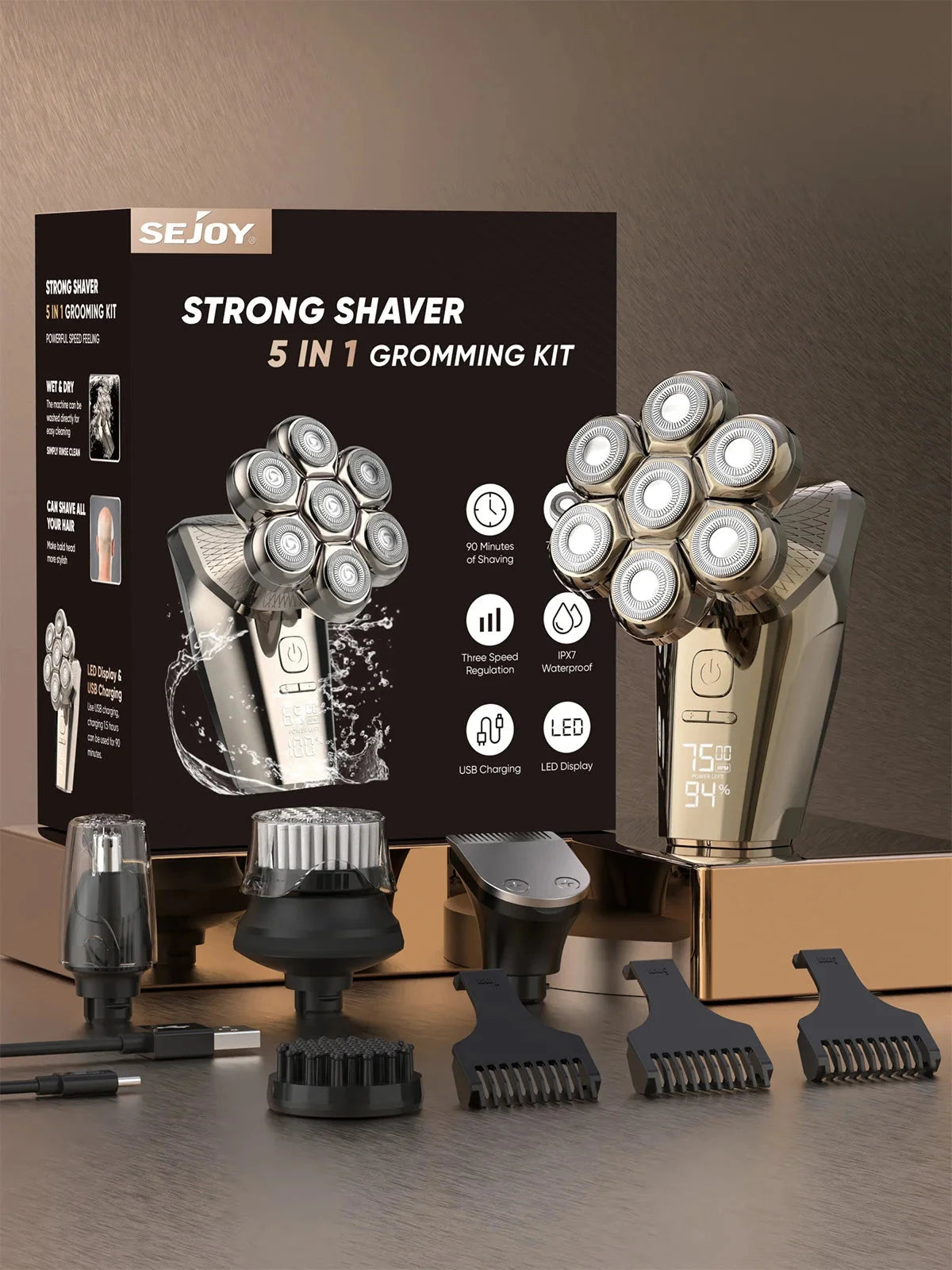 5 In 1 Electric Head Shaver for Bald Men 7D Cordless Razor with Hair Trimmer Multifunctional Ohberri