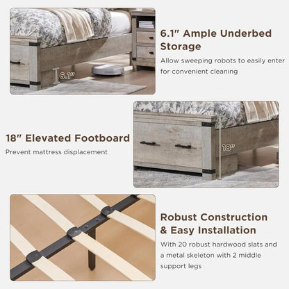 Queen Size Wood Bed Frame with 54" Tall Geometric Headboard, 2 Large Storage Drawers, Solid Wood Slats Support - Ohberri