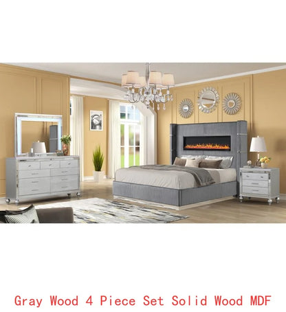 Modern Upholstery King 4-Piece Bedroom Set with Bed, Nightstand, Dresser, Mirror, and Fireplace in Blue Wood - Ohberri