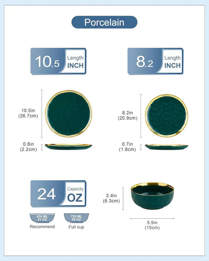 12 Pieces Plates and Bowls Sets, Porcelain Green and Gold Dinnerware Sets Ohberri