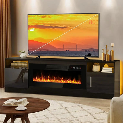 Fireplace tv Stand with 36 inch Fireplace Up to 80" TVs,LED Light 70" Modern Wood Ohberri