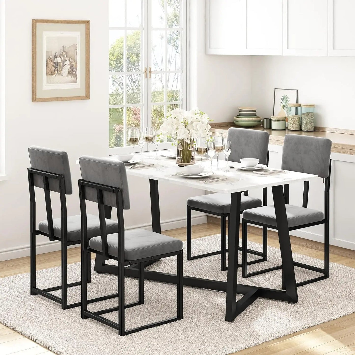 5-Piece Faux Marble Dining Set | 47.24" Table with 4 Velvet Chairs, Modern Minimalist for Small Spaces Ohberri