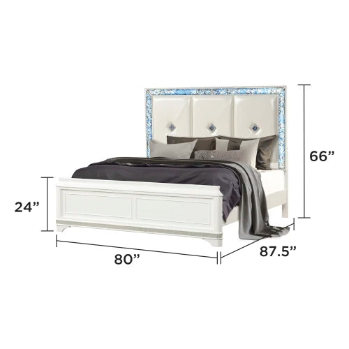 Modern Style 5 Pc King Upholstered Bedroom Set Made with Wood and Crystal Accents in White - Ohberri