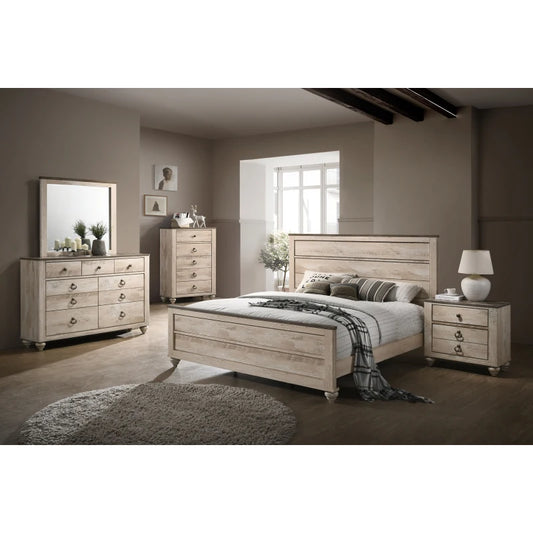 Imerland Contemporary White Wash Finish Bedroom Set, Queen Bed , Dresser, Mirror, Nightstand, Chest - Ohberri