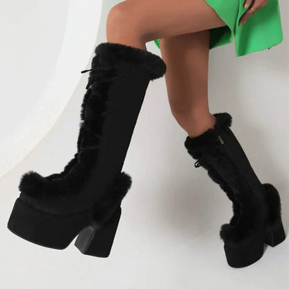 Faux Suede Round Toe Side Zipper Lace-Up Warm Boots Ohberri