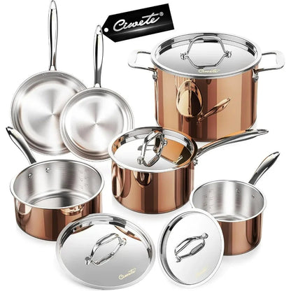 10 Stainless Steel Pot and Pan Set Copper Induction Cookware Ohberri