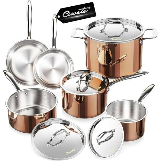 10 Stainless Steel Pot and Pan Set Copper Induction Cookware Ohberri
