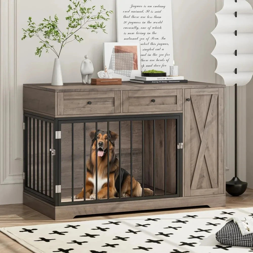 Wooden Dog Crate Furniture, Double Door Pet Kennel with 2 Drawers & Storage Cabinet Ohberri