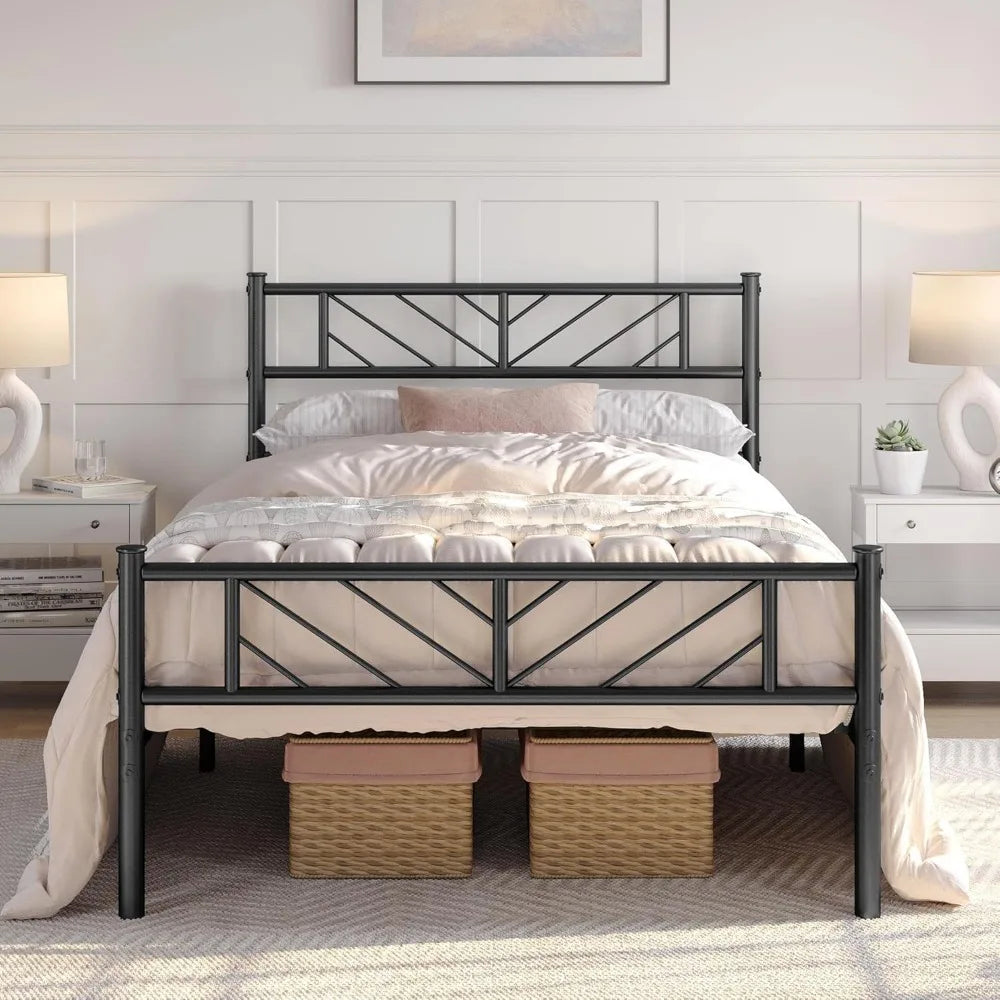 Twin Size Platform Bed Frame with Arrow Design Headboard, 13 Inches Metal Ohberri