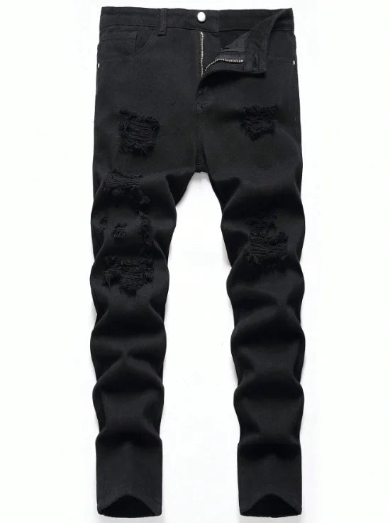 Men's slim fit perforated black denim pants Ohberri