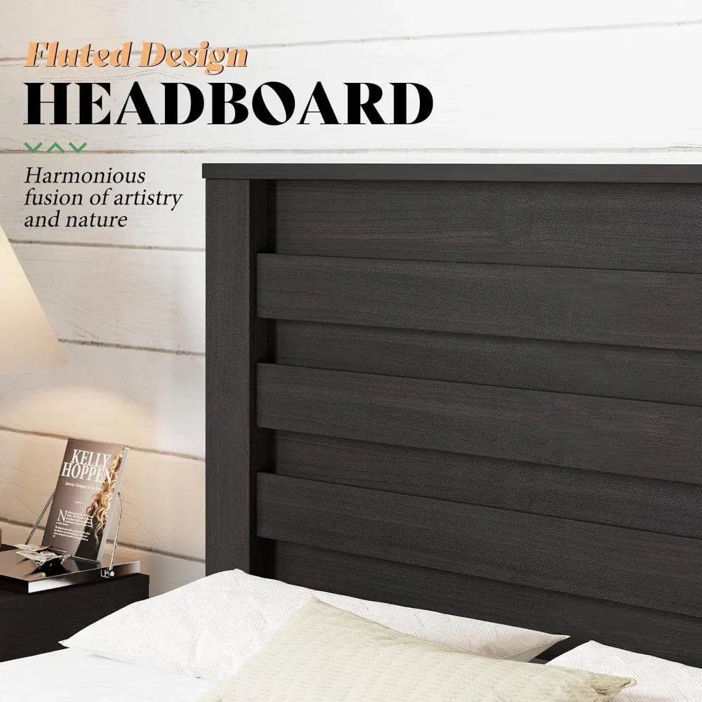 Farmhouse King Size Bed Frame with 49" Fluted Headboard, Wood Platform Bed - Ohberri